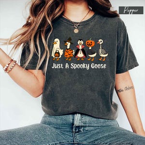 May include: Dark gray t-shirt featuring a line of cartoon geese dressed in Halloween costumes. The geese are a ghost, witch, vampire, jack-o'-lantern, and skeleton. The text "Just A Spooky Goose" is printed below the geese.