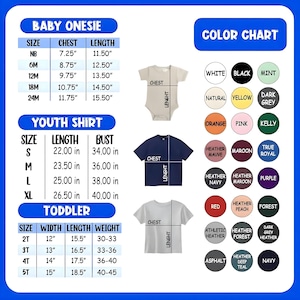 May include: A product size chart for baby onesies, youth shirts, and toddler shirts. The chart includes measurements in inches for chest, length, bust, width, and weight. A color chart with various color options is also displayed.
