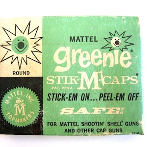 One (1) Full Large Vintage Mattel 480 Shot Greenie Stik-M-Caps Box Sealed And Unopened