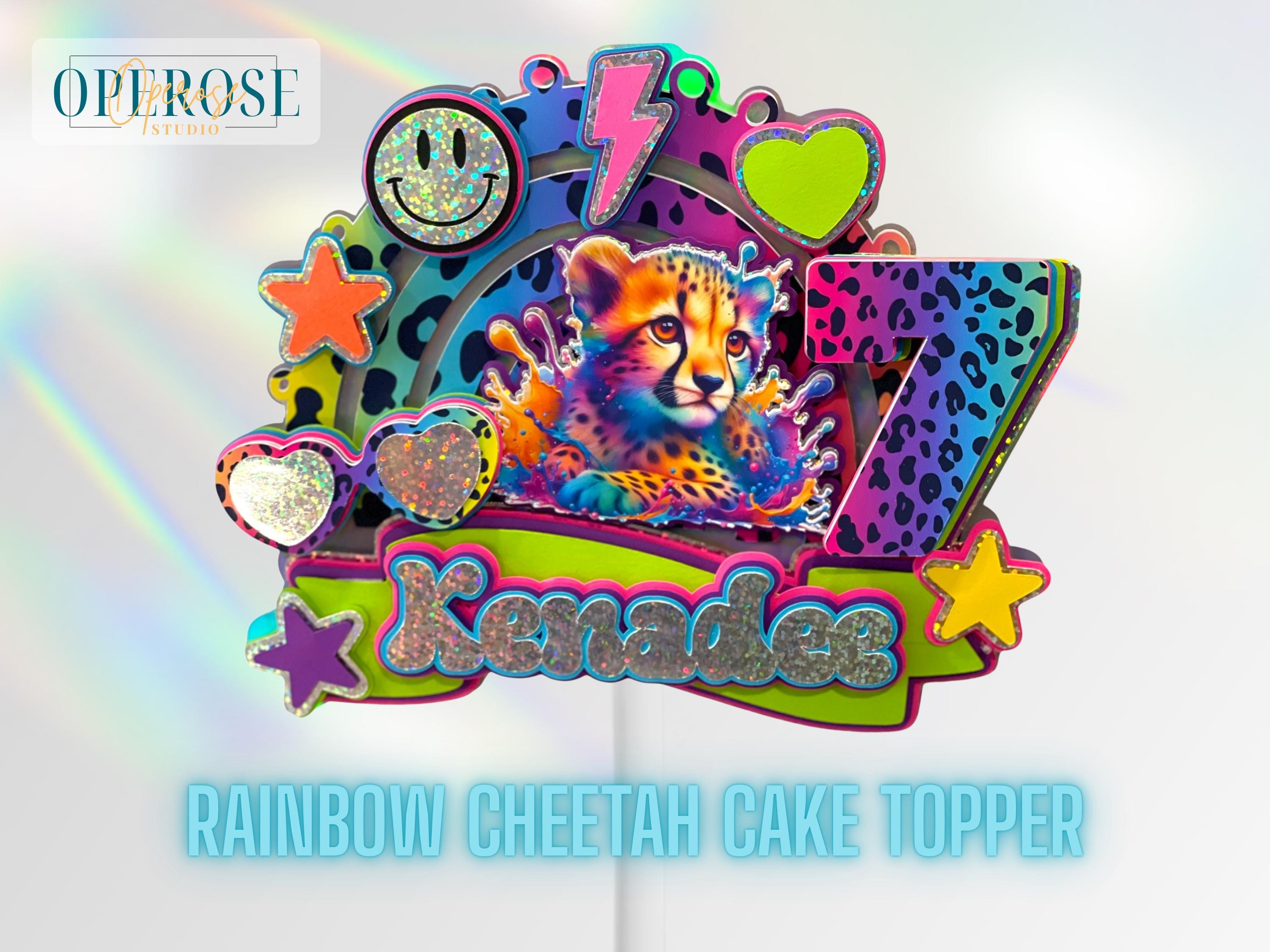 Cheereveal Rainbow Cheetah Cake Toppers - Glitter Leopard Print Cake Picks For Jungle Safari Birthday Parties - View #10