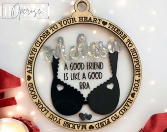 Personalized Friendship Ornament: Funny Bra Design, Engraved Wood & Acrylic
