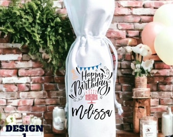 Personalized Birthday Wine Bag, White Cotton Canvas