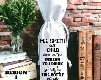 Personalized Teacher Wine Bag, White Cotton Canvas