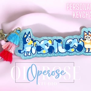 Personalized Bluey Keychain: Neon Glitter Acrylic, Tassel Charm