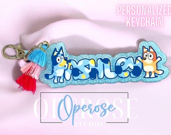 Personalized Bluey Keychain: Neon Glitter Acrylic, Tassel Charm