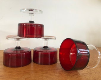 A striking set of 4 vintage ruby red glass Luminarc/Arcoroc French Cavalier champagne/prosecco dessert/pudding/sundae dishes/bowls