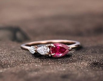 Vintage Red Ruby Ring Engagement Ring,Pear Cut Gems,Art Deco Moissanite Wedding Band,3 Stone Unique Women Bridal Promise Ring,Rose gold