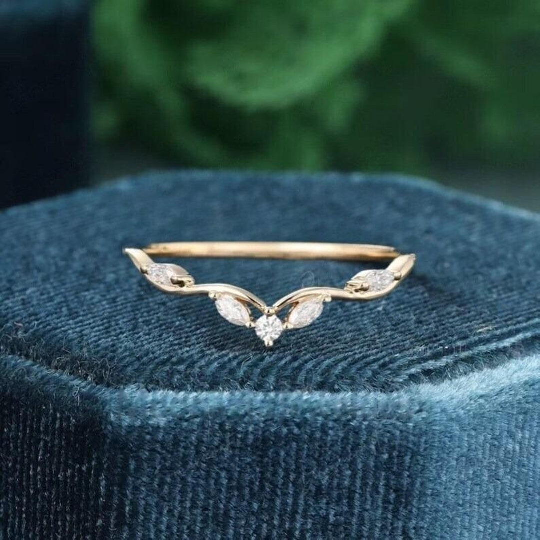 Curved Moissanite Wedding Band Yellow Gold Vintage Unique Marquise Band ...