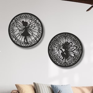 Set di 2 decorazioni murali in legno raffiguranti fate, decorazioni fantasiose in stile bosco per la cameretta dei bambini o la casa, pannelli con silhouette fantasy incantate, decorazioni per la cameretta dei bambini.