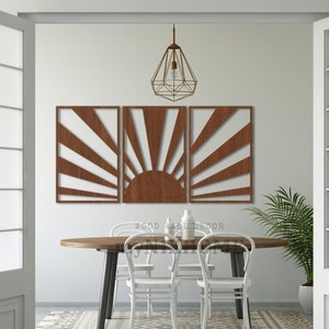 Boho Wood Sun Wall Art: Modern Sunrise Panel, Set of 3