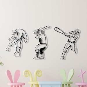 Baseball Wood Wall Art, Baseballer Wall Decor, Baseball Players, 3 Pieces Wall Decor, Kids Room, Man Cave Decorations, Friend Gift for Him