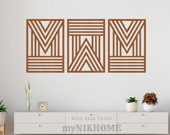 Geometric Lines Panel Set of 3 Wood Wall Art Decor Wooden Nursery Sign ...