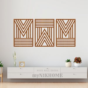 Arte de pared de madera con líneas geométricas: Juego de 3 paneles modernos