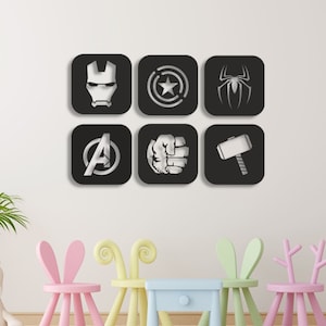 Avengers Wood Wall Art Set of 6, Geometric Nursery Wall Decor, 3D Wooden Superhero Logo Wall Hanging; Thor, Hulk, Spiderman, Ironman