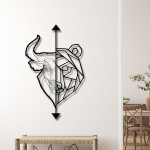 Geometric Bull and Bear Wood Wall Art: Stock Market Decor