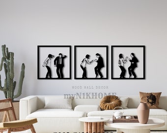 Pulp Fiction Dancing 3pcs Set, Pulp Fiction Arte da parete in legno, Decorazione da parete in legno, Arte da parete in legno nero, Decorazione da parete danzante, Decorazione amante della danza