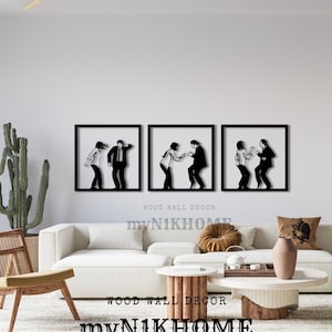 Pulp Fiction Dancing 3 pezzi set, Pulp Fiction arte murale in legno, decorazione murale in legno, arte murale in legno nero, decorazione murale danzante, decorazione amante del ballo