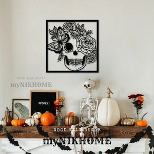 Skull and Flower Wood Wall Art: Gothic Home Decor (3 Pieces)