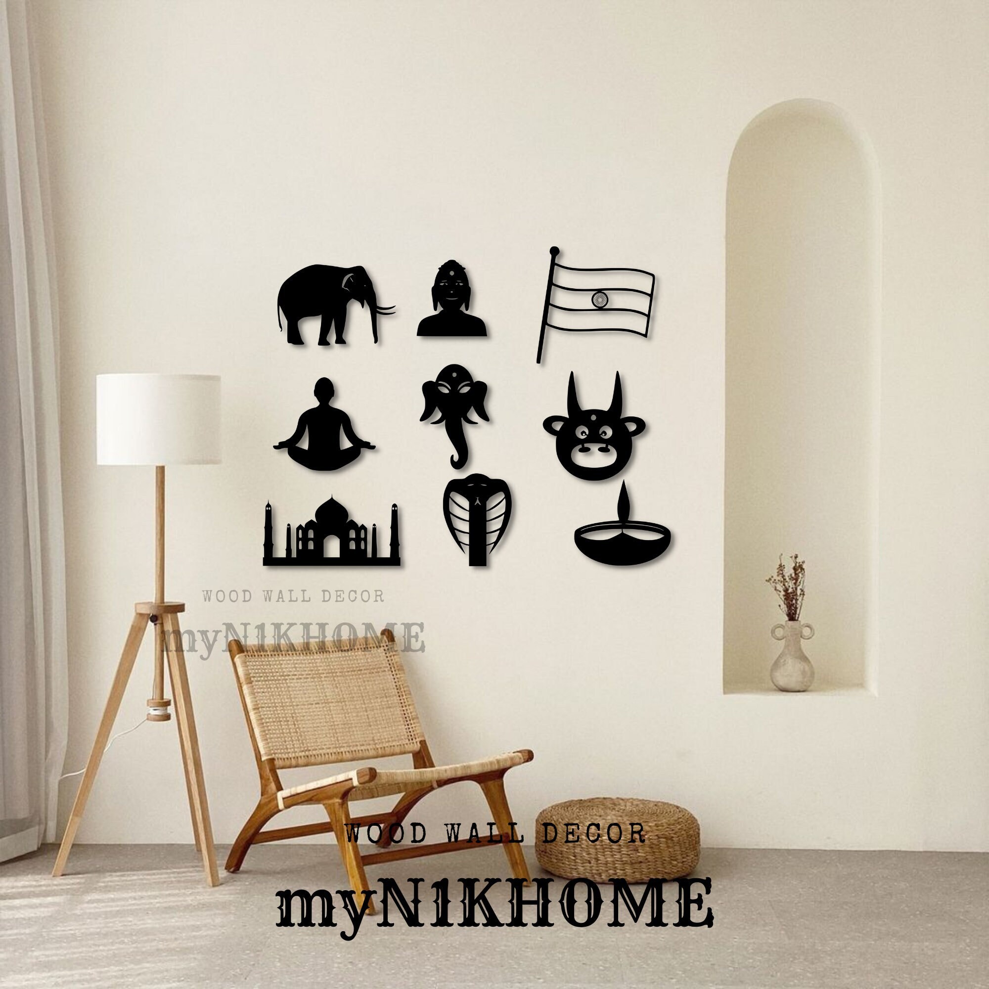 Hindu Symbols Wood Wall Art: Indian Iconography Decor, 4 Piece Set