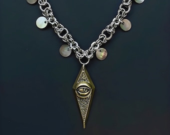 Dikke maliënkolder choker ketting Statement alziend oog sieraden Roestvrij stalen zware handgemaakte ketting Parelmoer munt ketting