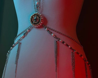 Unusual statement eyeball body chain lingerie Unisex body jewelry Steel adjustable chain harness Maximalist weird  Wearable art jewellery