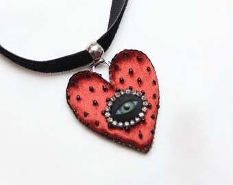 Fine eyeball heart pendant on a black velvet choker Statement weird jewelry Whimsigoth Lolita Modern Renaissance aesthetic Witch necklace
