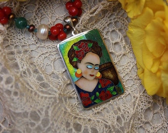 Frida Kahlo sterling silver pendant on a beaded choker Statement bohemian Jewelry Gemstone choker Boho Wearable art necklace Unusual gift
