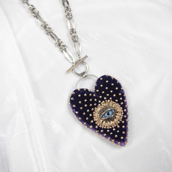 Edgy blue eye purple spike heart necklace Statement weird jewelry Weird-girl self gift Halloween Jewelry Embroidered goldtone dots heart