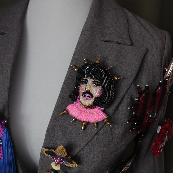 Embroidered Beaded Freddie Mercury brooch Art jewelry Unique jewelry Queen fan gift Maximalist jewelry Beaded portrait jewellery