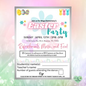 Könnte beinhalten: Eine rosa und blaue Einladung zu einer Osterparty in der Mega Grundschule. Die Einladung enthält Datum, Uhrzeit, Ort und Eintrittspreis. Außerdem gibt es einen Abschnitt für die RSVP der Gäste.
