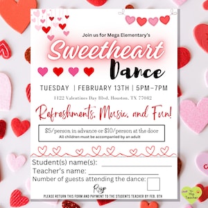 Op de afbeelding: Een roze en witte Valentijnsdag-dansuitnodiging voor Mega Elementary School. De uitnodiging bevat de datum, tijd, locatie en RSVP-informatie. Er is ook ruimte voor de naam van de leerling, de naam van de leraar en het aantal gasten dat naar het dansfeest komt.