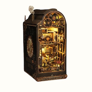DIY Vintage Mecânico Rhythm Book Nook Steampunk - Encantadora estante de livros em miniatura de madeira, estante de livros 3D quebra-cabeça de madeira