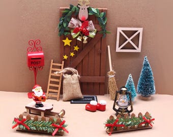 Christmas Wooden Elf Door & Miniature Holiday Decor Set – DIY Christmas Miniatures, Elf on the Shelf Accessories,