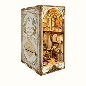 Kit de rincón de libros "Dibujo barroco" para armar / Regalo 3D para el Día del Padre para amantes de los libros, rompecabezas de madera 3D con inserto para estantería, a prueba de polvo incluido