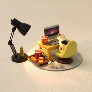 Lámpara Mini LED Juguetona: Gato Trabajando de Noche con Ramen y McDonald's - Decoración de Escritorio Ideal