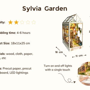 May include: A white wooden dollhouse kit with a glass roof and a lit interior. The dollhouse is labeled "Sylvia Garden" and measures 18 x 11 x 25 cm. The kit includes precut paper, wood, cloth, and LED lights.