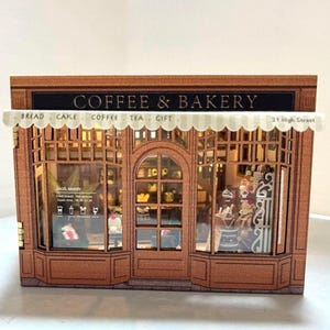 DIY Bagel Time, Coffee & Bakery-poppenhuis, vintage coffeeshopdiorama, boekenhoek, boekenplankdecor, miniatuurhuis, doe-het-zelfminihuis, cadeaus