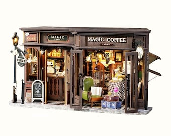 Kit de bricolaje en miniatura para cafetería mágica: Rincón de lectura de madera con luz LED (ideal para regalo de Navidad)