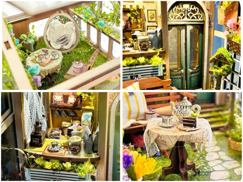 May include: A miniature dollhouse scene with a tea party set up in a garden. There is a small table with a teapot, cups, and a plate of pastries. The garden is filled with green plants and flowers. The dollhouse is made of wood and has a white picket fence.