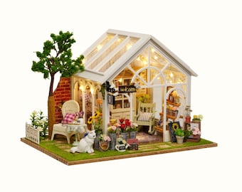 Sunshine Greenhouse Miniature Kit - DIY Wooden Garden Decor with Dust Cover Christmas gift