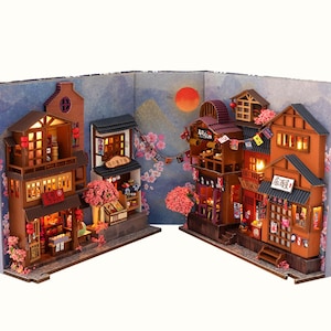 Rincón de libros DIY "Callejón de los Cerezos en Flor": Escena callejera de madera con diseño a prueba de polvo, regalo para amantes de la lectura, regalo para el Día del Padre, rompecabezas de madera 3D