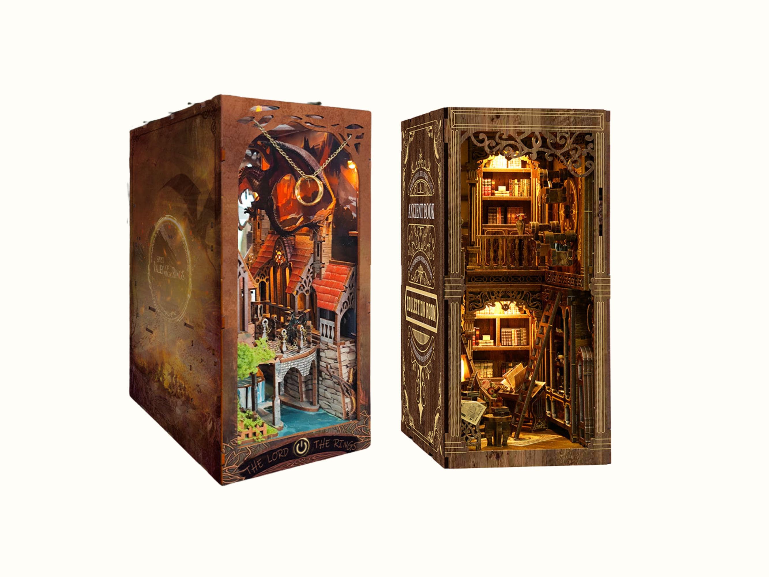 Set of 2 Enchanting Magic Ring Valley & Ancient Book DIY Book Nook - Birthday gift 3D Wooden Puzzle, Dust Cover Included