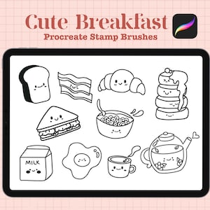 May include: A set of 10 black and white Procreate stamp brushes featuring cute cartoon breakfast foods, including a croissant, toast, bacon, sandwich, cereal bowl, pancakes, milk carton, egg, teapot, and a cup of coffee.