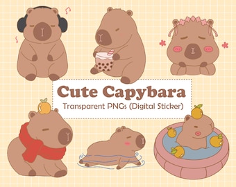 Cute Capybara PNG Clipart – Digital Stickers (Instant Download)
