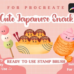 May include: A set of digital stamps for Procreate featuring cute Japanese snacks. The stamps include a bowl of takoyaki, a taiyaki filled with ice cream, and a dango on a stick. The stamps are ready to use and are perfect for adding a touch of kawaii to your digital art.