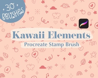 May include: A pink background with a grid pattern and a white banner that says "Kawaii Elements Procreate Stamp Brush". The banner is surrounded by various cute hand-drawn elements, including hearts, stars, flowers, butterflies, and musical notes. The text "30+ Brushes" is in a blue circle in the top left corner of the image.