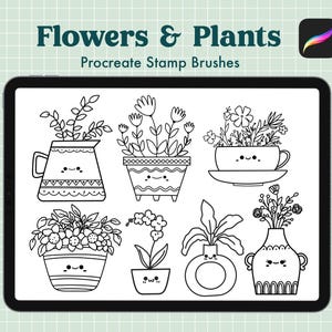 May include: Black and white line art illustrations of potted plants and flowers with cute faces. The illustrations include a pitcher, a vase, a teacup, and three different types of pots. The text "Flowers & Plants" and "Procreate Stamp Brushes" is at the top of the image.