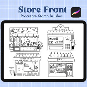 May include: A digital illustration of four storefront designs for a flower shop, home decor store, coffee shop, and bakery. Each storefront features a small window with items inside, a door, and a sign with the name of the store. The illustration is in black and white.