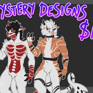 May include: Two digital illustrations of furry anthro characters. The character on the left is white with red markings and has black hair. The character on the right is white with orange markings and has white hair. The text "MYSTERY DESIGNS $10" is at the top of the image.