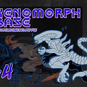 May include: A digital art base featuring three Xenomorphs in different poses. The Xenomorphs are drawn in a cartoon style with black outlines and white, gray, and blue colors. The text "Xenomorph Base" is written in purple letters at the top of the image. The text "$4" is written in purple letters at the bottom of the image.